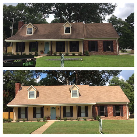 Close-up of black streaks on shingles before roof cleaning